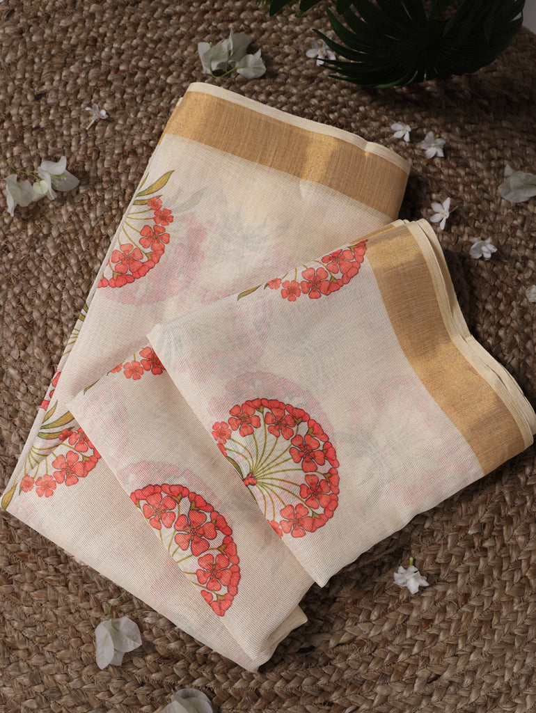 Red Onam Printed Saree with Banglory Bead Work Blouse Clothsvilla