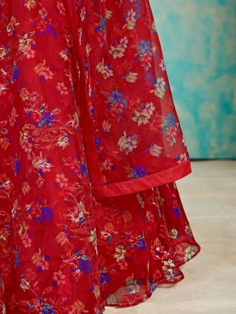 Red Organza Floral Lehenga Choli for Womens For Indian Festival & Weddings - Print Work, Mirror Work, Thread Embroidery Work Clothsvilla
