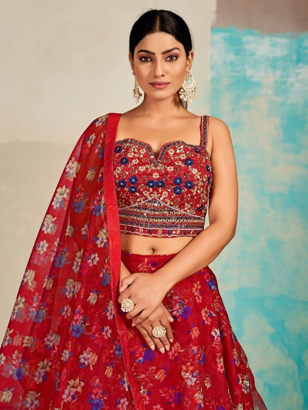 Red Organza Floral Lehenga Choli for Womens For Indian Festival & Weddings - Print Work, Mirror Work, Thread Embroidery Work Clothsvilla