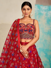 Load image into Gallery viewer, Red Organza Floral Lehenga Choli for Womens For Indian Festival &amp; Weddings - Print Work, Mirror Work, Thread Embroidery Work Clothsvilla