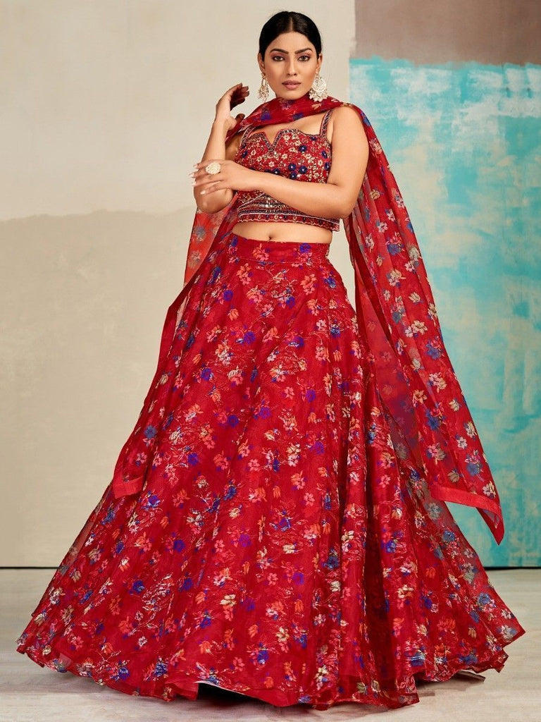 Red Organza Floral Lehenga Choli for Womens For Indian Festival & Weddings - Print Work, Mirror Work, Thread Embroidery Work Clothsvilla