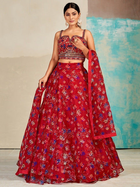 Red Organza Floral Lehenga Choli for Womens For Indian Festival & Weddings - Print Work, Mirror Work, Thread Embroidery Work Clothsvilla Main image