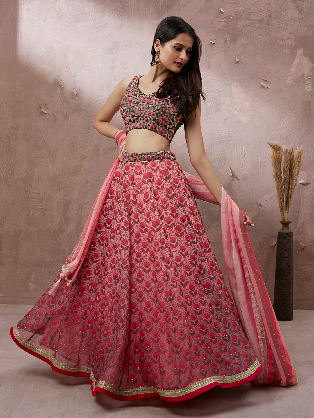 Red Organza Floral Printed Semi-Stitched Lehenga choli & Dupatta Clothsvilla