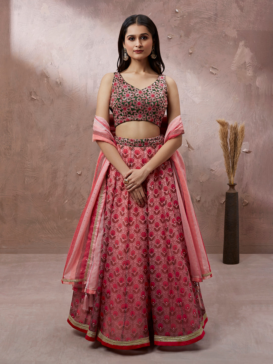 Red Organza Floral Printed Semi-Stitched Lehenga choli & Dupatta Clothsvilla