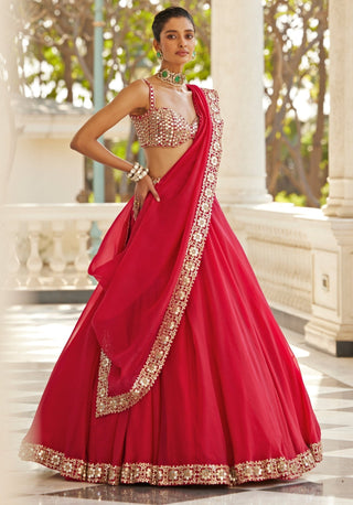 Red Organza Paper Mirror Work Lehenga Set ClothsVilla