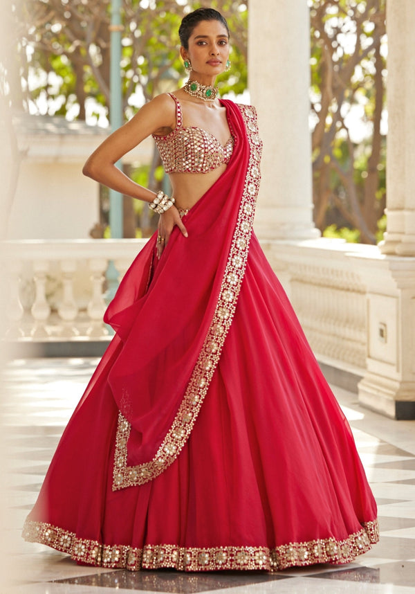 Red Organza Paper Mirror Work Lehenga Set ClothsVilla