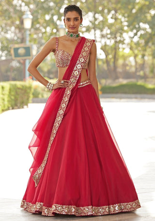 Red Organza Paper Mirror Work Lehenga Set ClothsVilla