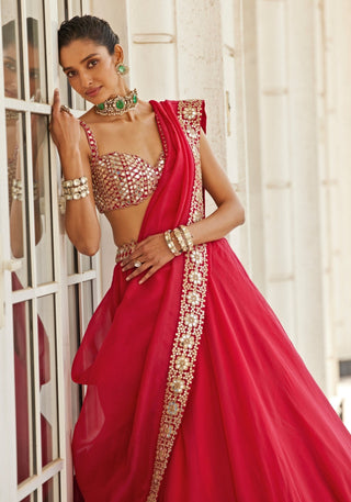 Red Organza Paper Mirror Work Lehenga Set ClothsVilla