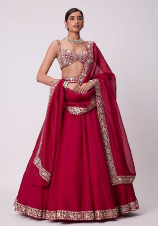 Red Organza Paper Mirror Work Lehenga Set ClothsVilla