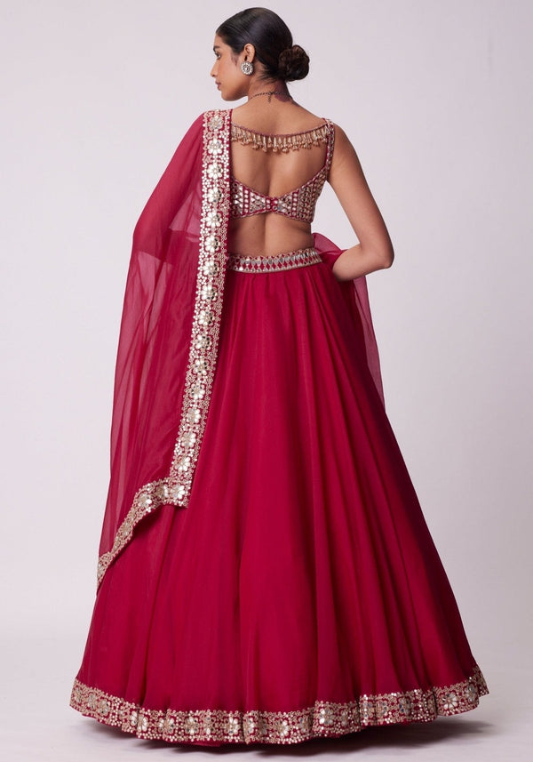 Red Organza Paper Mirror Work Lehenga Set ClothsVilla