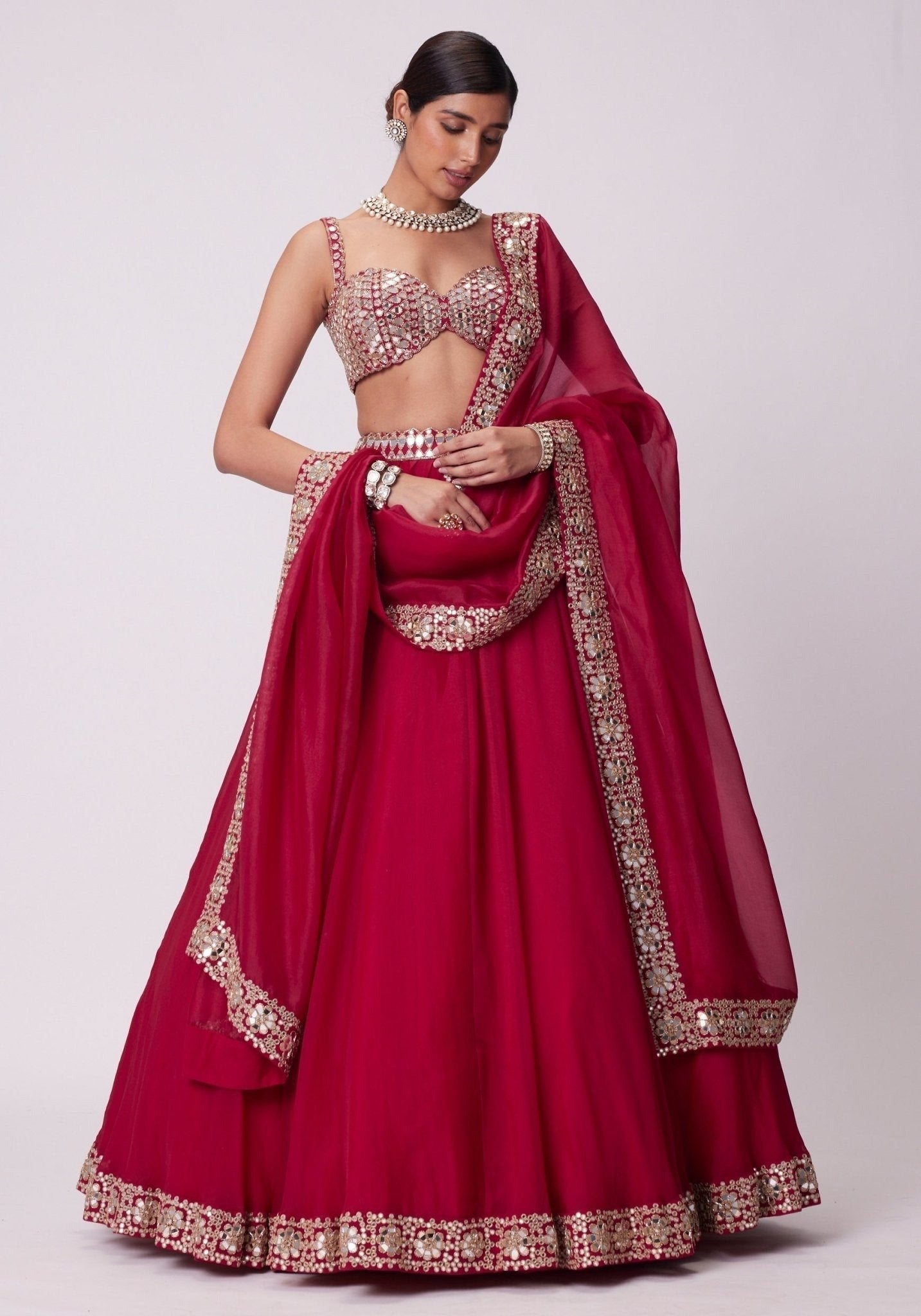 Red Organza Paper Mirror Work Lehenga Set ClothsVilla
