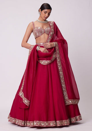 Red Organza Paper Mirror Work Lehenga Set ClothsVilla