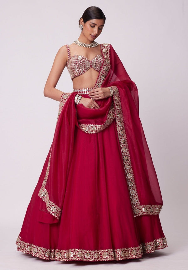 Red Organza Paper Mirror Work Lehenga Set ClothsVilla