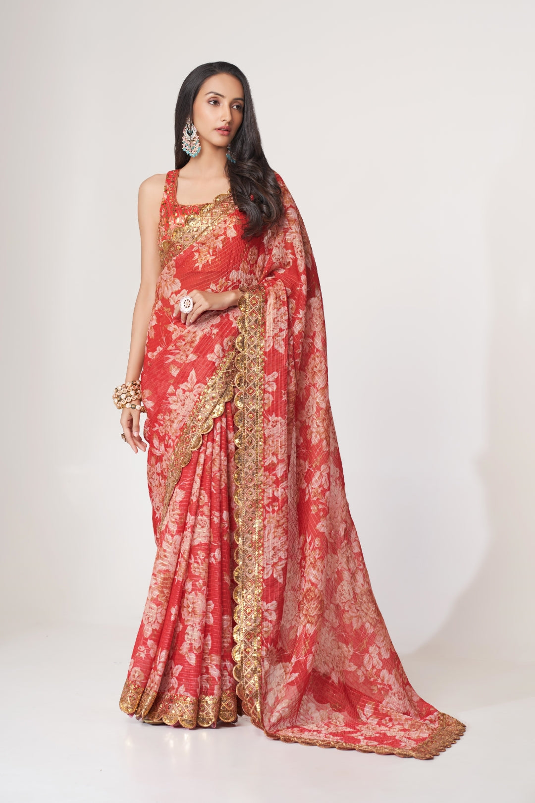 Red Organza Saree with Sequin Embroidery and Digital Print ClothsVilla