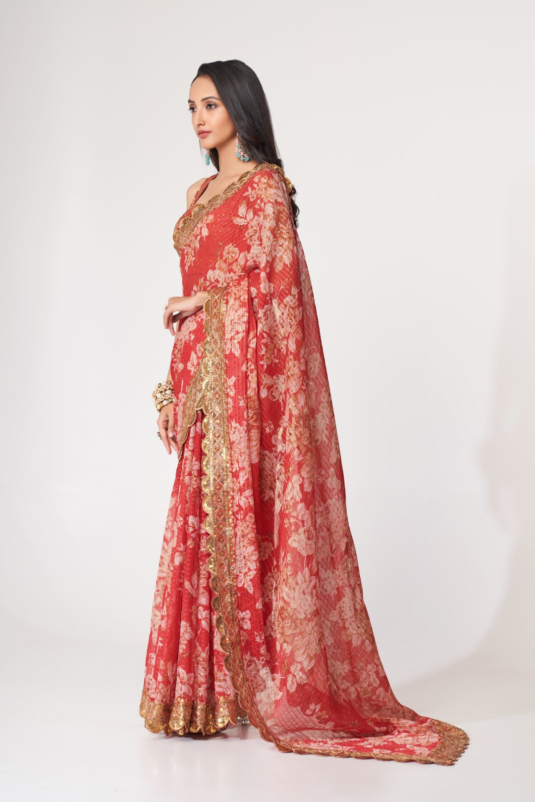 Red Organza Saree with Sequin Embroidery and Digital Print ClothsVilla