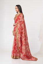 Load image into Gallery viewer, Red Organza Saree with Sequin Embroidery and Digital Print ClothsVilla
