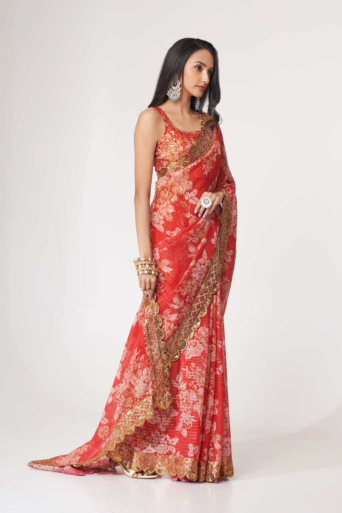 Red Organza Saree with Sequin Embroidery and Digital Print ClothsVilla