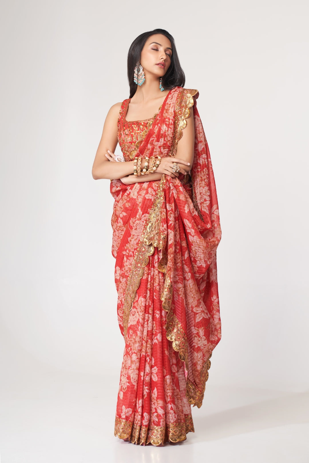 Red Organza Saree with Sequin Embroidery and Digital Print ClothsVilla