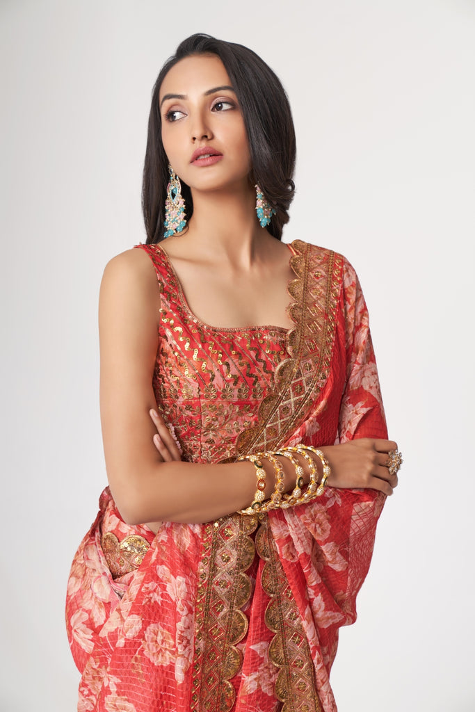 Red Organza Saree with Sequin Embroidery and Digital Print ClothsVilla