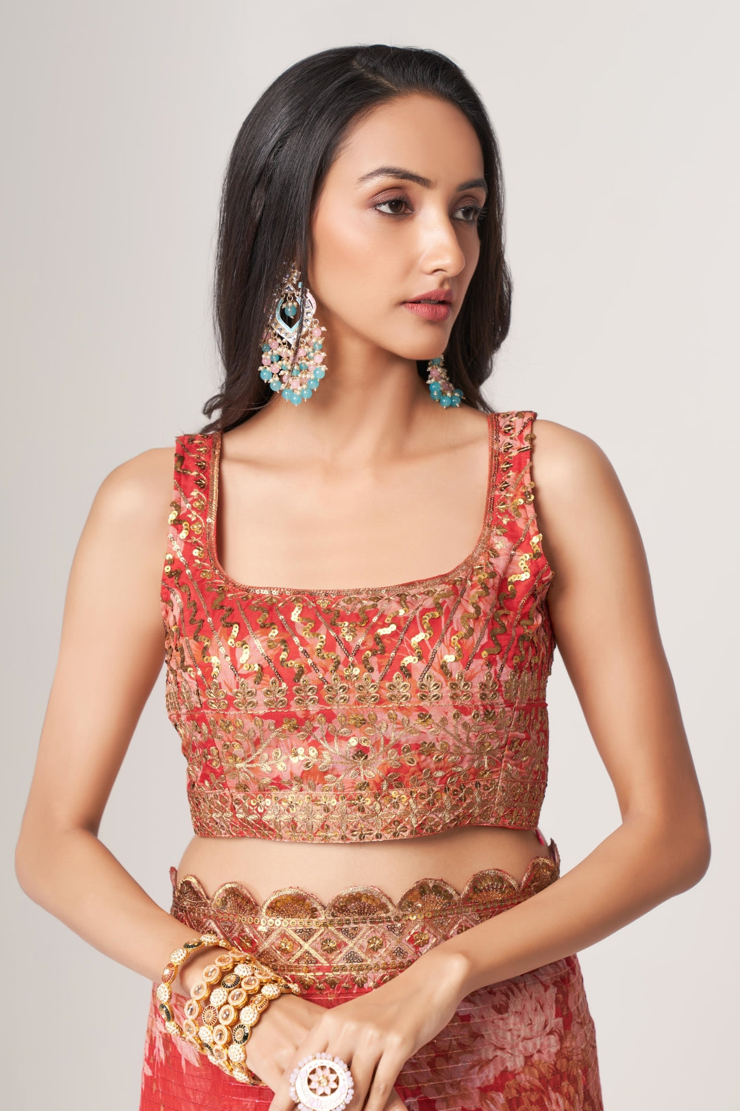 Red Organza Saree with Sequin Embroidery and Digital Print ClothsVilla