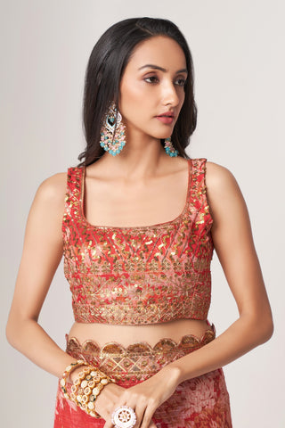 Red Organza Saree with Sequin Embroidery and Digital Print ClothsVilla