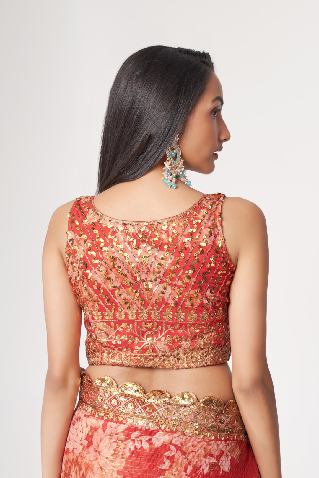 Red Organza Saree with Sequin Embroidery and Digital Print ClothsVilla