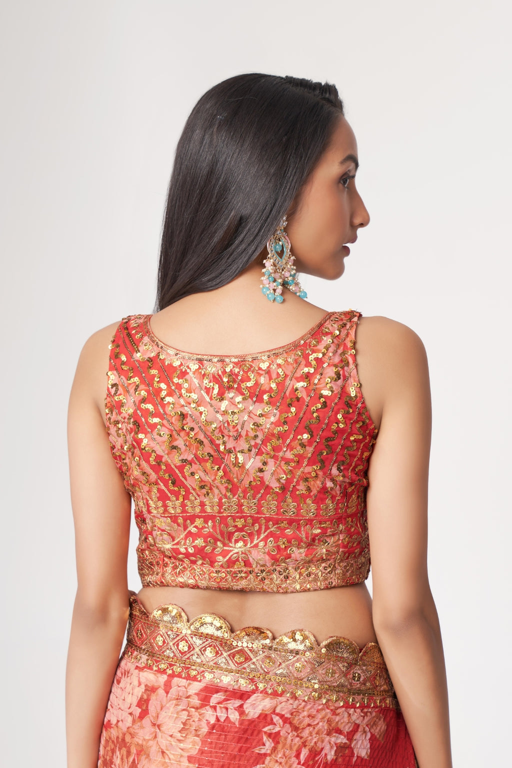 Red Organza Saree with Sequin Embroidery and Digital Print ClothsVilla