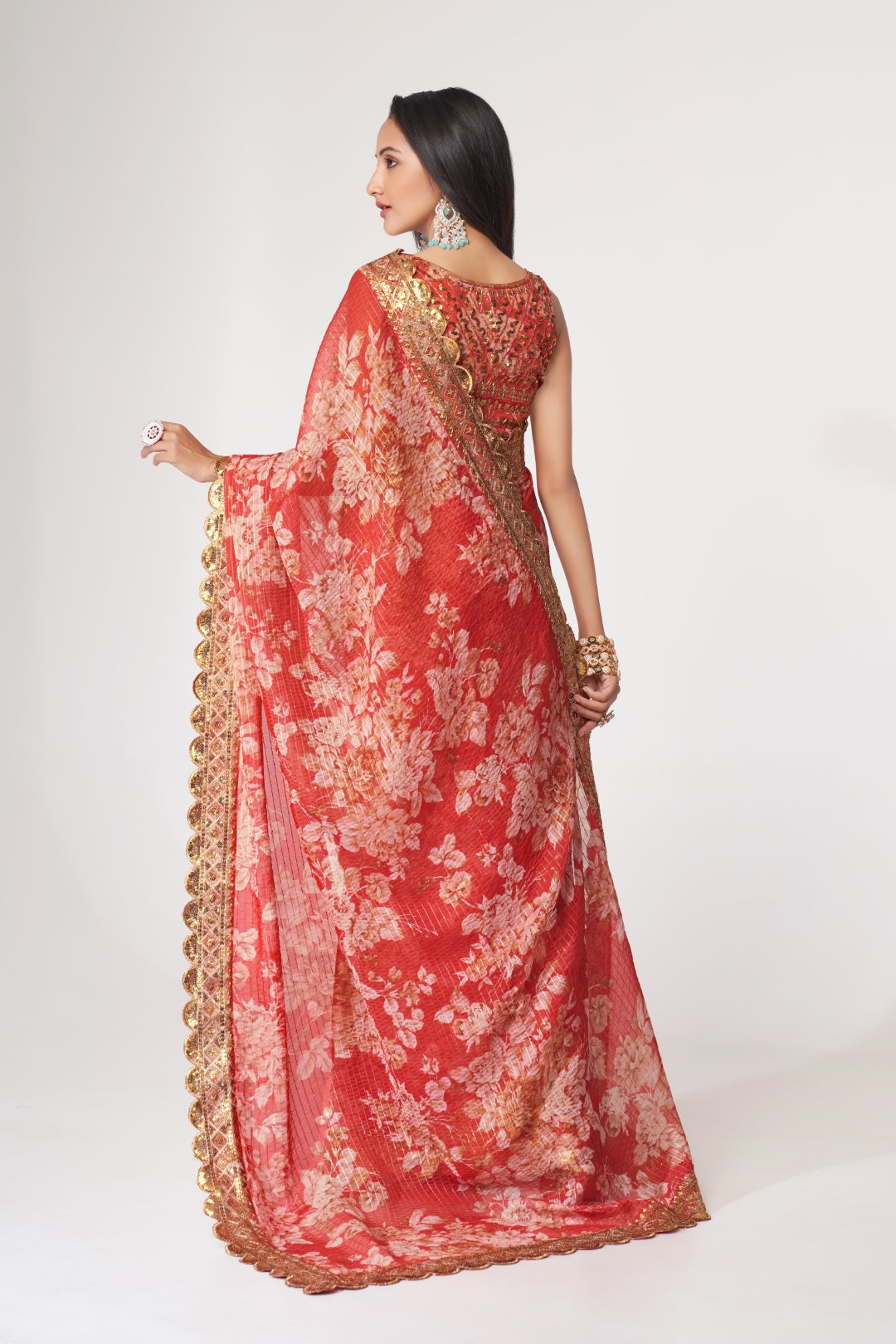 Red Organza Saree with Sequin Embroidery and Digital Print ClothsVilla