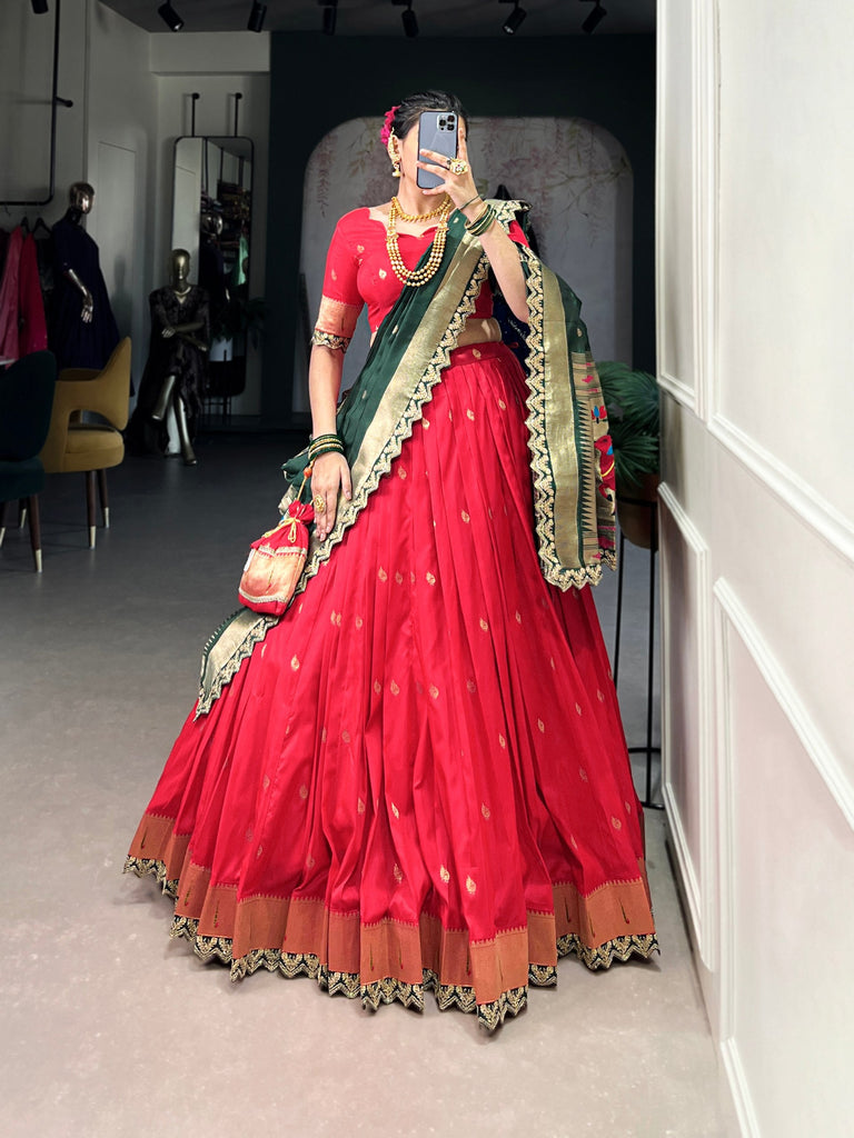 Red Paithani Jacquard Silk Lehenga Set with Zari Weaving, Embroidery & Scallop ClothsVilla