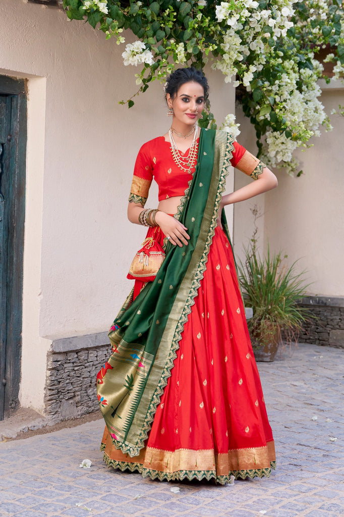 Red Paithani Jacquard Silk Lehenga Set with Zari Weaving, Embroidery & Scallop ClothsVilla