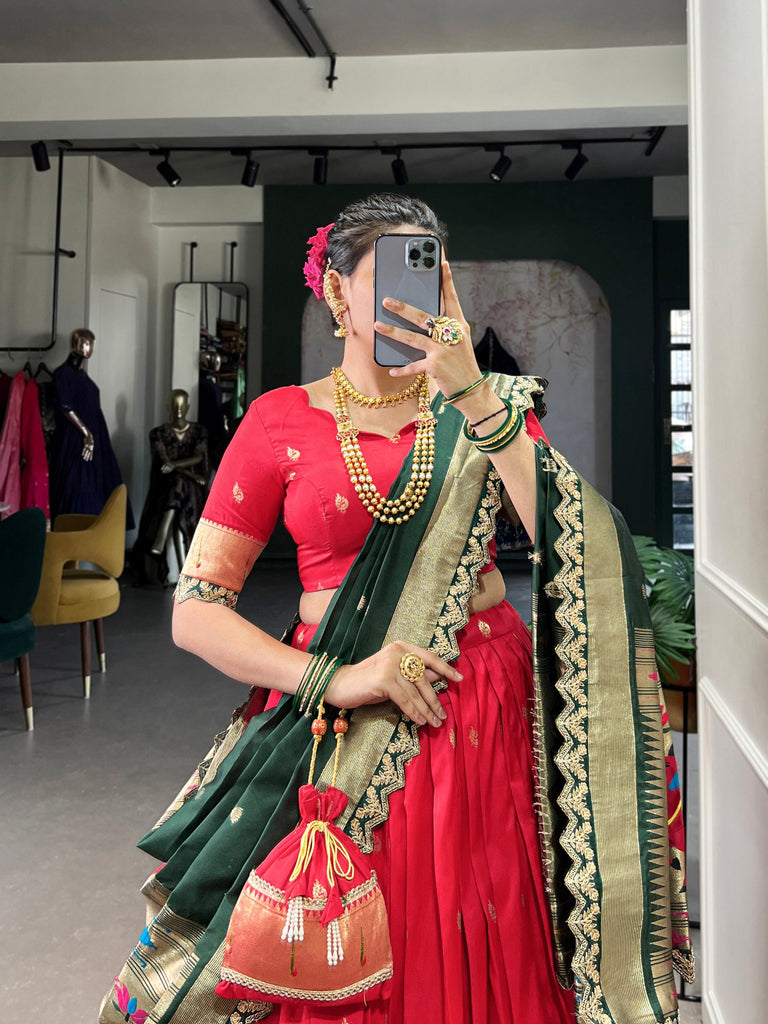 Red Paithani Jacquard Silk Lehenga Set with Zari Weaving, Embroidery & Scallop ClothsVilla