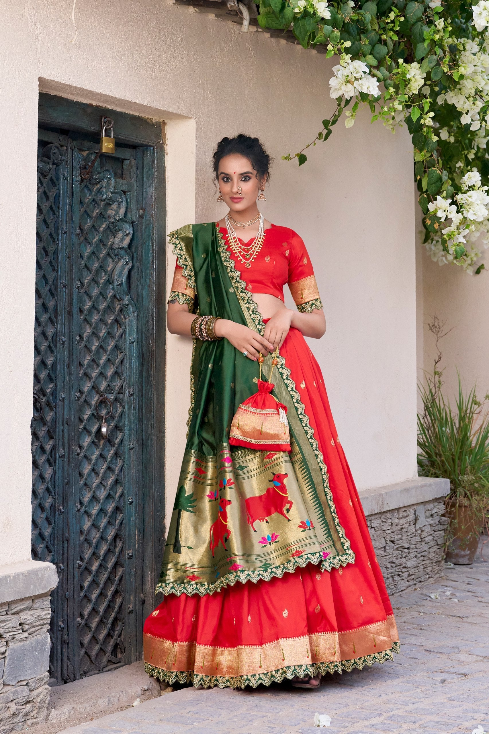 Red Paithani Jacquard Silk Lehenga Set with Zari Weaving, Embroidery & Scallop ClothsVilla Main image
