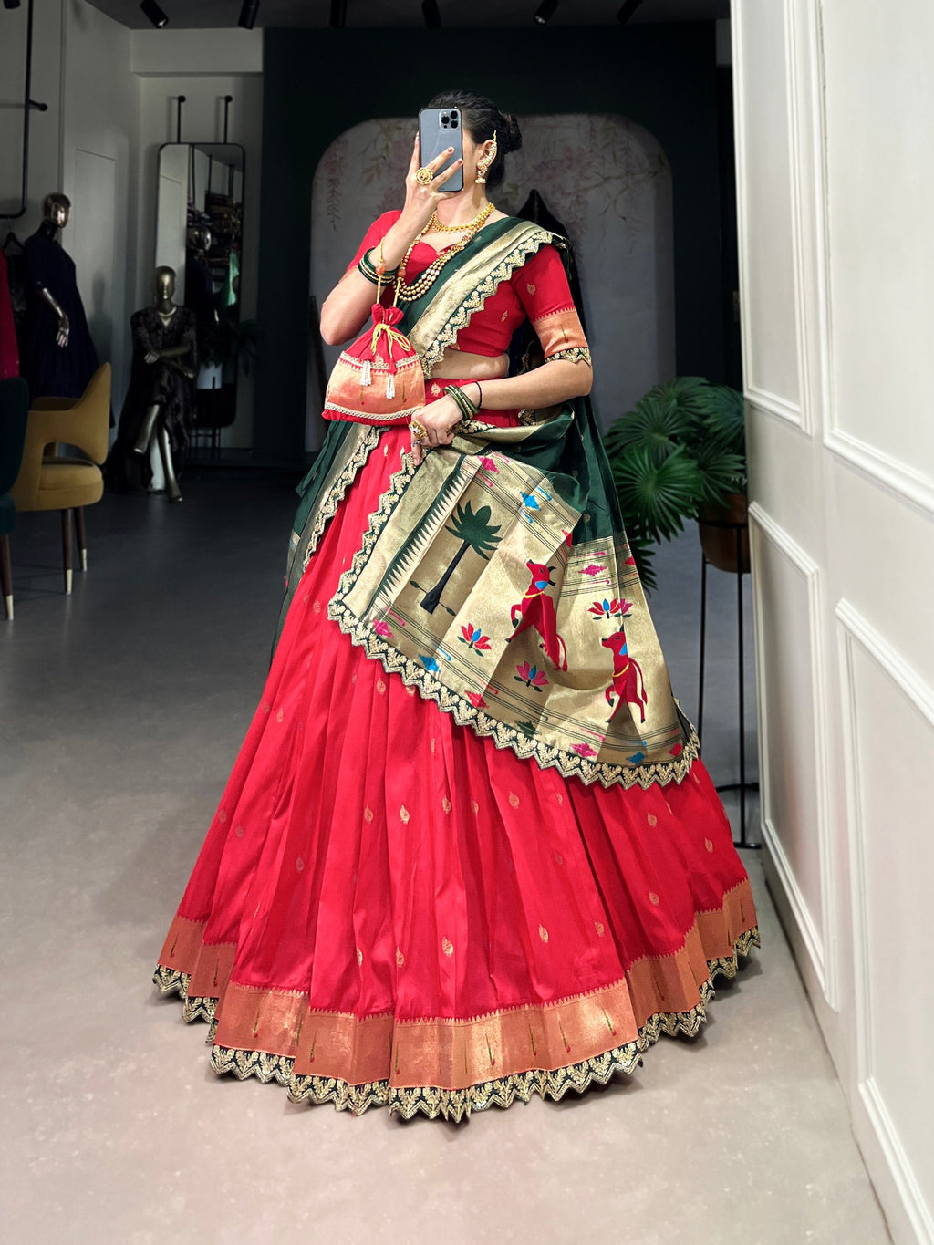 Red Paithani Jacquard Silk Lehenga Set with Zari Weaving, Embroidery & Scallop ClothsVilla