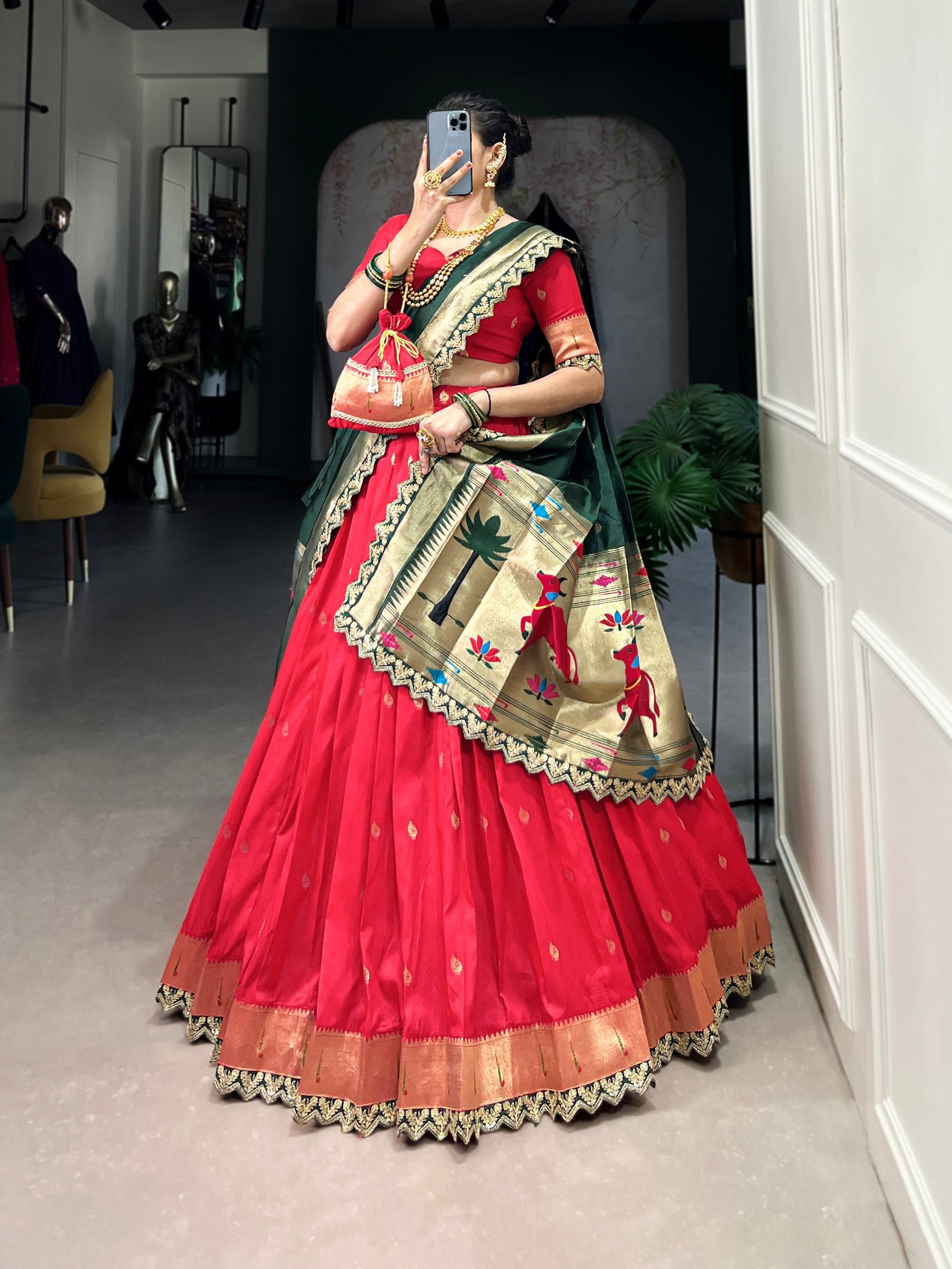 Red Paithani Jacquard Silk Lehenga Set with Zari Weaving, Embroidery & Scallop ClothsVilla