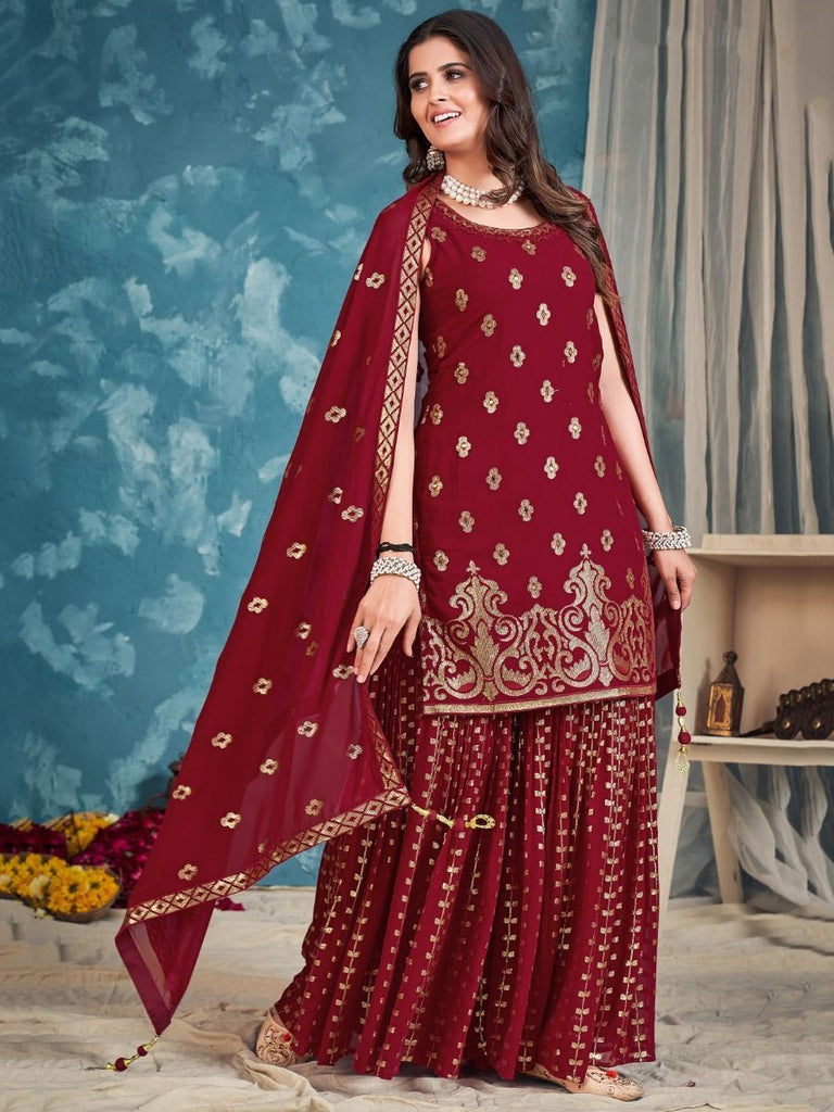 Red Pakistani Georgette Sharara For Indian Festivals & Weddings - Sequence Embroidery Work, Zari Work Clothsvilla