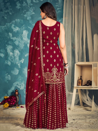 Red Pakistani Georgette Sharara For Indian Festivals & Weddings - Sequence Embroidery Work, Zari Work Clothsvilla
