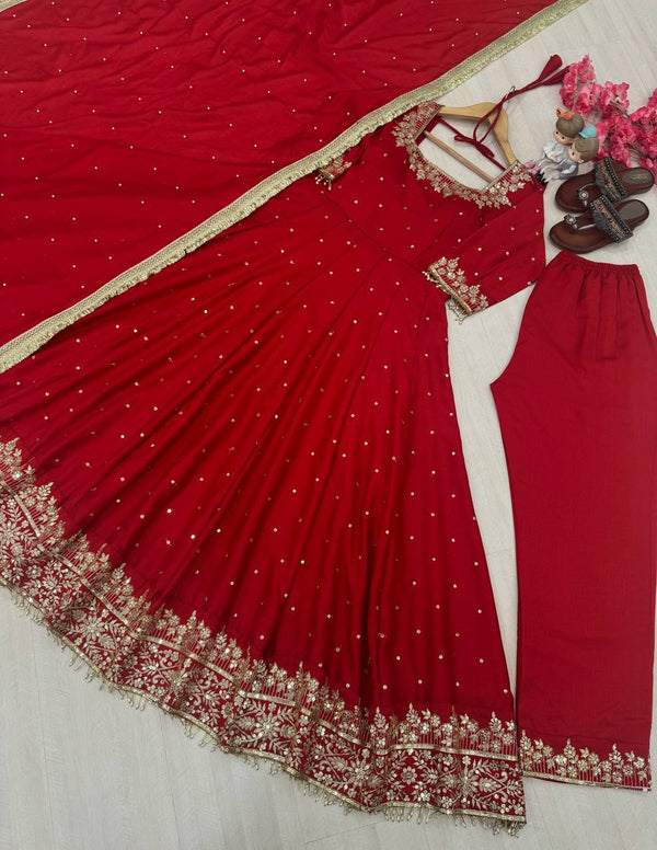 Red Party Wear Pur Vichitra Silk Anarkali Gown with Dupatta Set