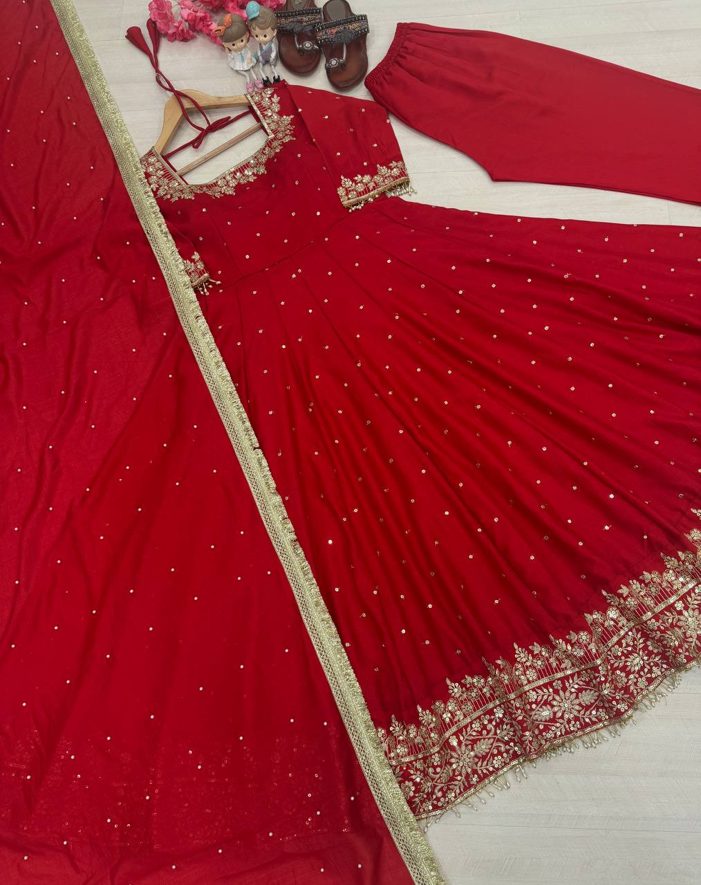 Red Party Wear Pur Vichitra Silk Anarkali Gown with Dupatta Set