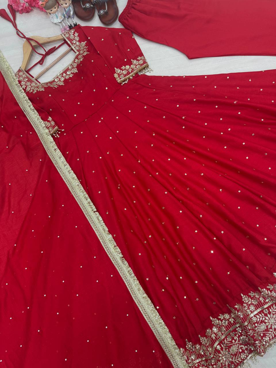 Red Party Wear Pur Vichitra Silk Anarkali Gown with Dupatta Set