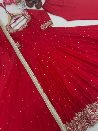 Red Party Wear Pur Vichitra Silk Anarkali Gown with Dupatta Set