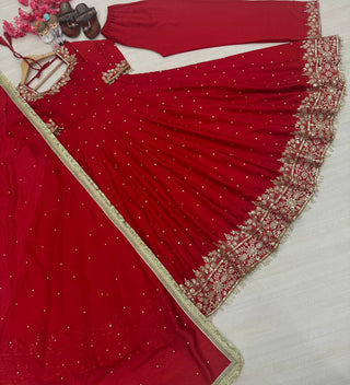 Red Party Wear Pur Vichitra Silk Anarkali Gown with Dupatta Set