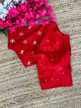 Load image into Gallery viewer, Red Pearl-Embellished german silk Blouse with Handcrafted Golden Work ClothsVilla