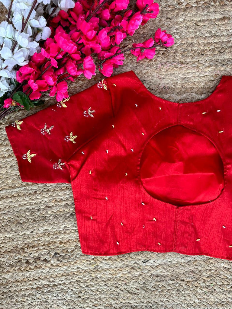 Red Pearl-Embellished german silk Blouse with Handcrafted Golden Work ClothsVilla