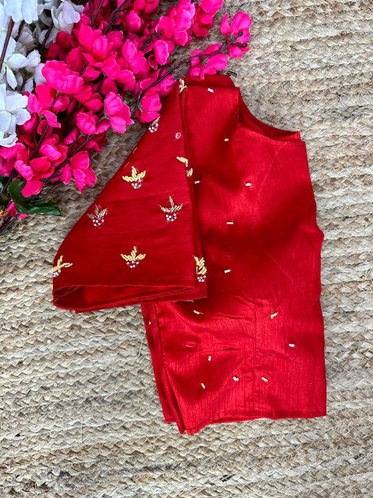 Red Pearl-Embellished german silk Blouse with Handcrafted Golden Work ClothsVilla