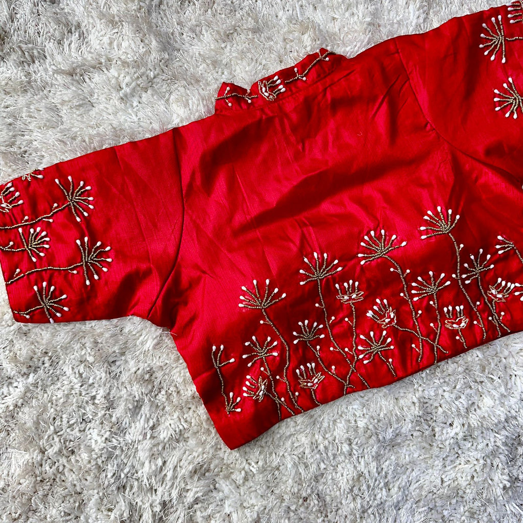 Red Pista Silk Blouse with Handwork and Designer Handcrafted Collar ClothsVilla