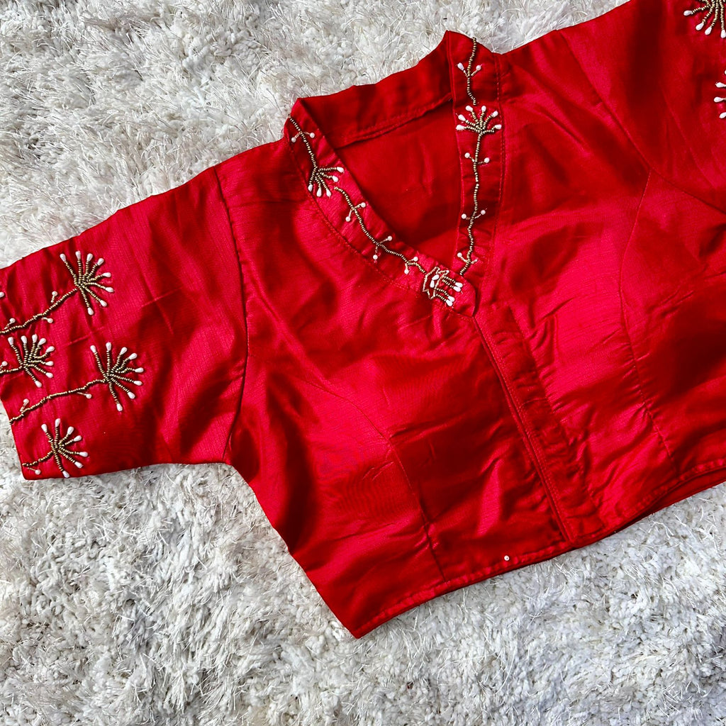 Red Pista Silk Blouse with Handwork and Designer Handcrafted Collar ClothsVilla