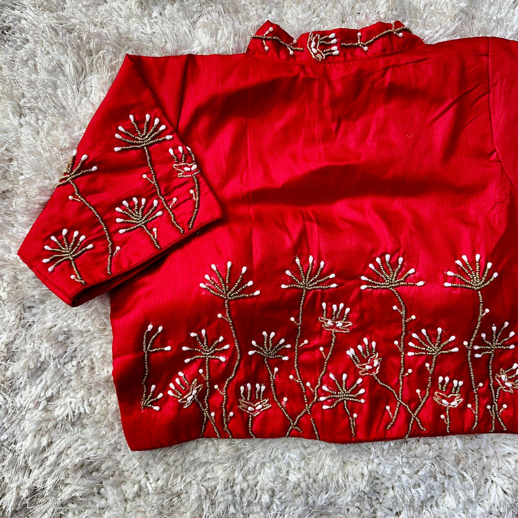 Red Pista Silk Blouse with Handwork and Designer Handcrafted Collar ClothsVilla