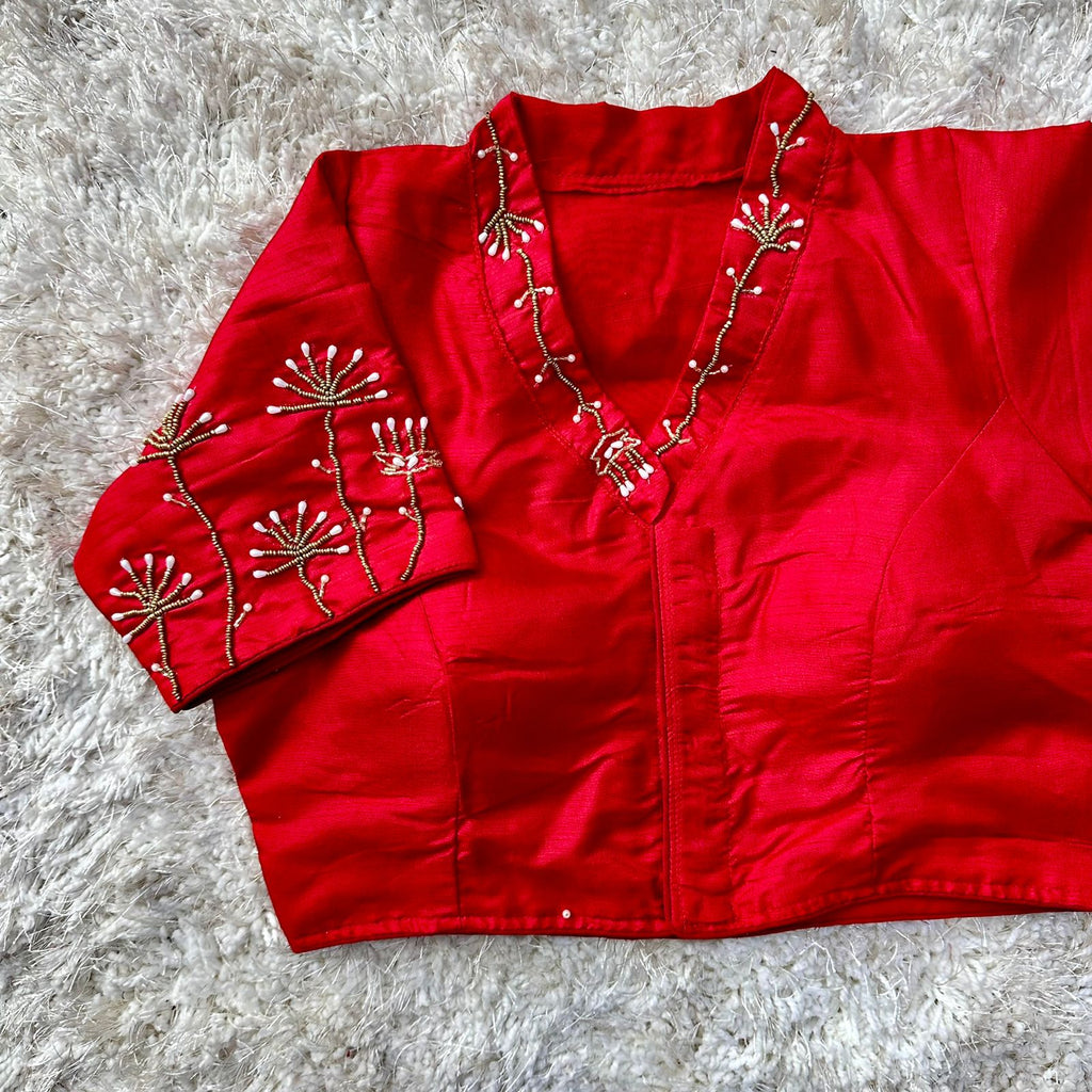 Red Pista Silk Blouse with Handwork and Designer Handcrafted Collar ClothsVilla