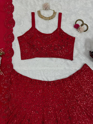 Red Premium Chinon Silk Semi-Stitched Lehenga Choli Set with Sequin & Thread Embroidery ClothsVilla