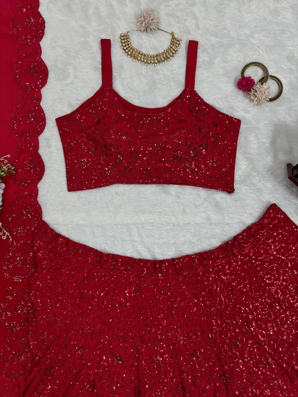 Red Premium Chinon Silk Semi-Stitched Lehenga Choli Set with Sequin & Thread Embroidery ClothsVilla